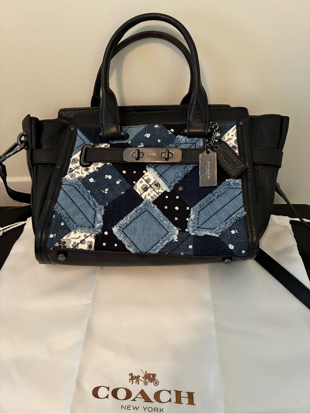 Coach Denim Patchwork Satchel with Black Leather Trim